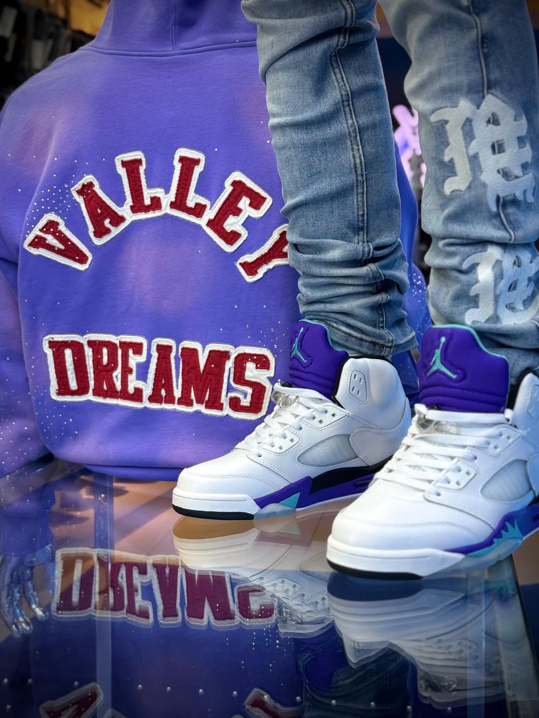 Royal Dreams Purple Luxury Hoodie + Denim Streetwear Outfit